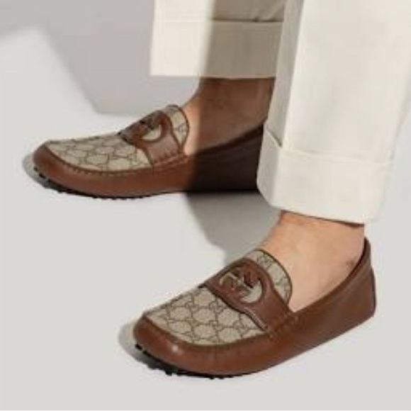 Gucci Men’s GG Supreme Canvas & Leather Driver Loafers Brown Size UK9.5/US10 NIB - Picture 1 of 13